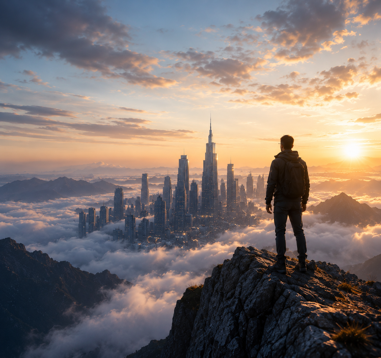 Man standing on mountain peak looking at horizon